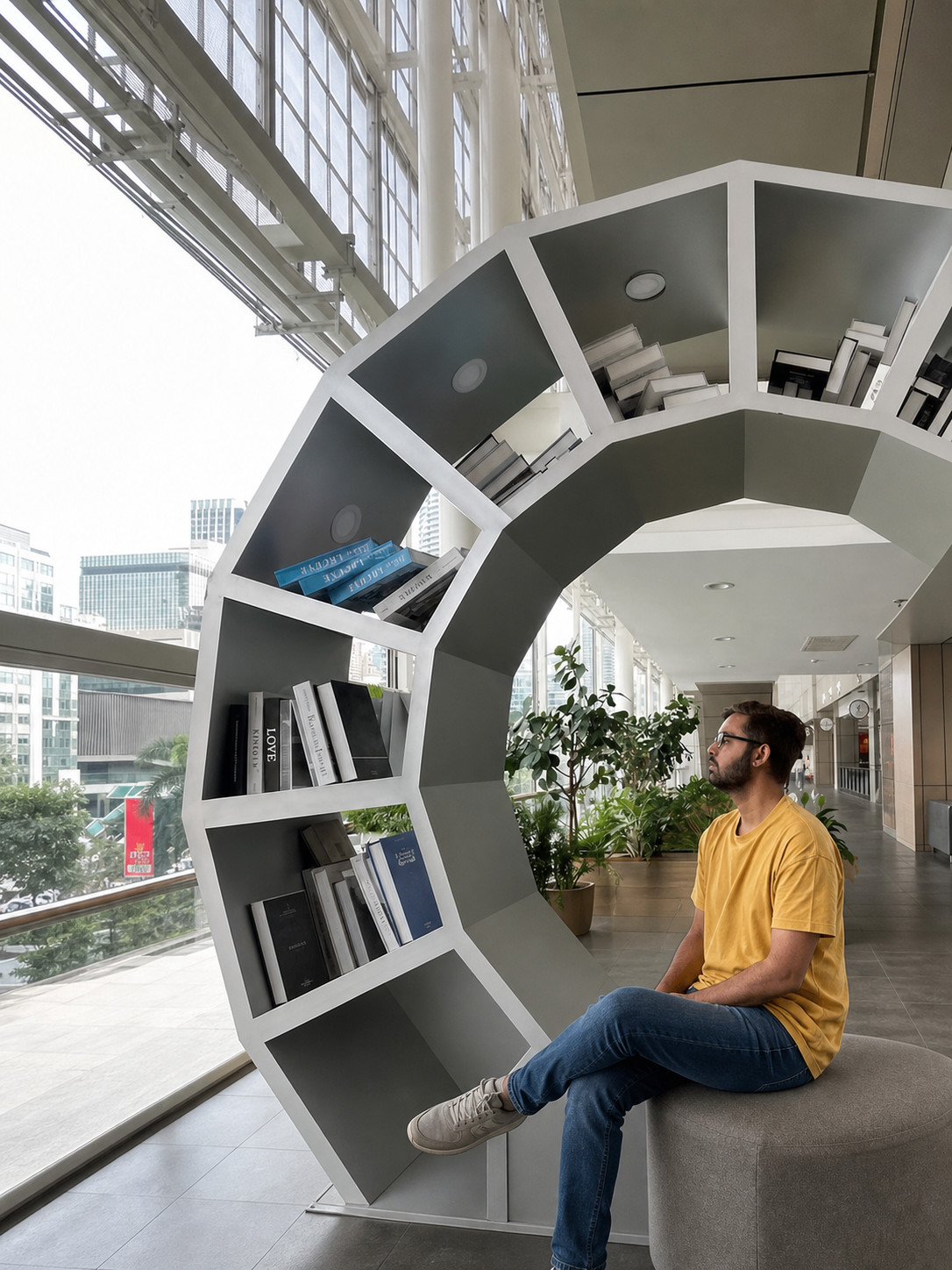 Manish Singh, founder of NeelGyan, seated beside a circular library bookshelf